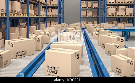 classic conveyor and boxes in warehouse 3d rendering image Stock Photo