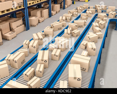 classic conveyor and boxes in warehouse 3d rendering image Stock Photo