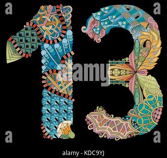 Number thirteen Zentangle on a black background. Vector decorative object Stock Vector