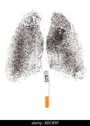 Shape of lungs with charcoal powder and cigarette on white background Stock Photo