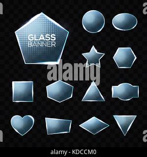 Glass plates set. Triangle, square, rectangle, hexagon, pentagon, star, heart, circle textured frames with glow and light on transparent background. Technology shapes. Realistic vector illustration. Stock Vector