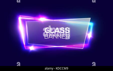 Night club neon sign with textured transparent glass plate. 3d light signboard with shining neon effect. Techno frame with glowing on dark blue backdrop. Electric banner. Colorful vector illustration. Stock Vector