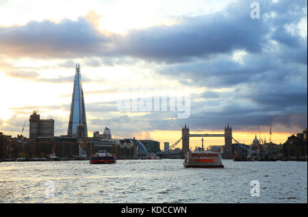 London skyline with the Shard and Tower Bridge, at sunset, in England, UK Stock Photo