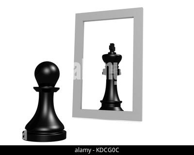 Pawn looking in the mirror seeing queen, 3D rendering Stock Photo