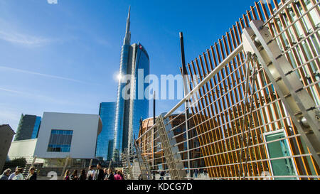 Unicredit tower and Unicredit Pavilion seen from the pedestrian bridge at the end of Alvar Aalto square. Milan, Italy. Stock Photo