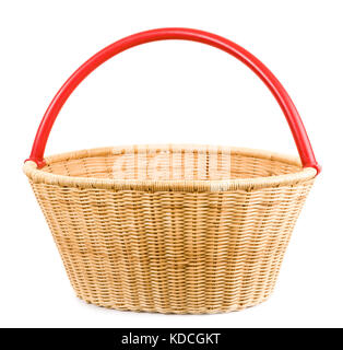 Close up view of wicker basket with red handle isolated on white background  Model Release: No.  Property Release: No. Stock Photo