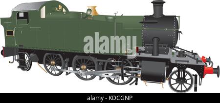 A detailed vector illustration of a Vintage Green and Black and Red Ten Wheeled Steam Tank Engine Locomotive with brass fittings isolated on white Stock Vector