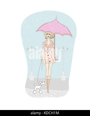 Girl walking with her dogs in rain Stock Vector