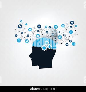 Machine Learning, Artificial Intelligence and Networks Design Concept with Icons and Human Head Stock Vector