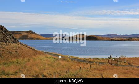 Lake Myvatn and volcanic landscape. Scene in north Iceland. Stock Photo
