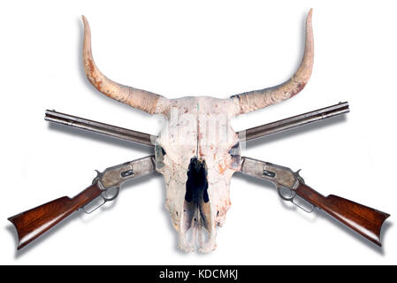 Antique cowboy lever action rifle and cow skull . Stock Photo