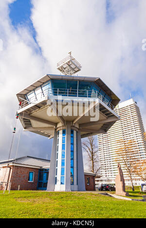 Control tower of the traffic center at the river mouth of the Trave river in Travemuende, Baltic Sea, Germany Stock Photo