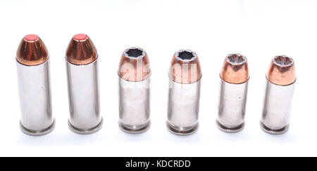 Three different types of hollow point bullets, 44spl, 357 magnum, 9mm Stock Photo