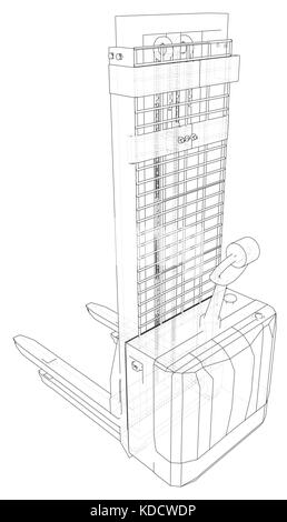 Small Warehouse Forklift. Abstract drawing. Tracing illustration of 3d Stock Vector