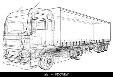 Model trailer truck. Wire-frame. EPS10 format. Vector rendering of 3d Stock Vector