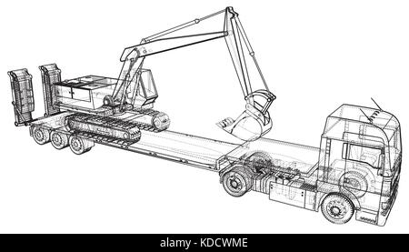 Low bed Truck Trailer and excavator. Abstract drawing. Tracing illustration of 3d. Stock Vector