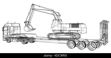 Low bed Truck Trailer and excavator. Abstract drawing. Tracing illustration of 3d. Stock Vector