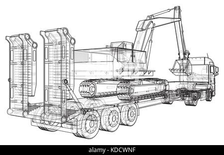 Low bed Truck Trailer and excavator. Wire-frame. EPS10 format. Vector created of 3d Stock Vector