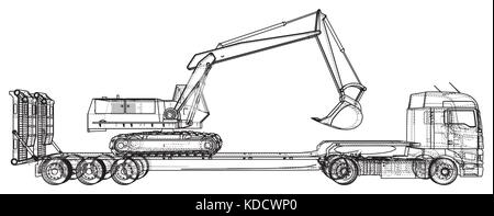 Low bed Truck Trailer and excavator. Abstract drawing. Tracing illustration of 3d. Stock Vector