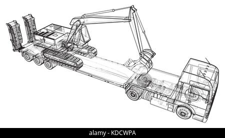 Low bed Truck Trailer and excavator. Wire-frame. EPS10 format. Vector created of 3d Stock Vector