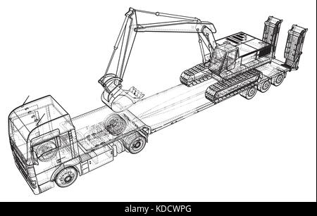 Low bed Truck Trailer and excavator. Abstract drawing. Tracing illustration of 3d. Stock Vector