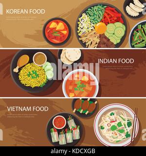 asia street food web banner , korean food , indian food , vietnam food flat design Stock Vector