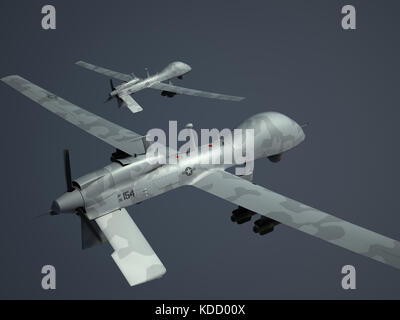 Two MQ-1C Gray Eagle military drones. Gray camouflage. 3d render. Stock Photo