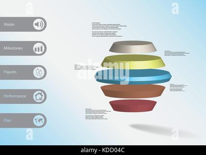 3D illustration infographic template with motif of round hexagon horizontally divided to five color slices with simple sign and text on side in bars.  Stock Vector