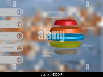 3D illustration infographic template with motif of round hexagon horizontally divided to five color slices with simple sign and text on side in bars.  Stock Vector