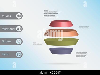 3D illustration infographic template with motif of round hexagon horizontally divided to four color slices with simple sign and text on side in bars.  Stock Vector