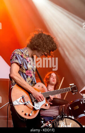 BENICASSIM, SPAIN - JUL 14: Temples (psychedelic pop music band) perform in concert at FIB Festival on July 14, 2017 in Benicassim, Spain. Stock Photo