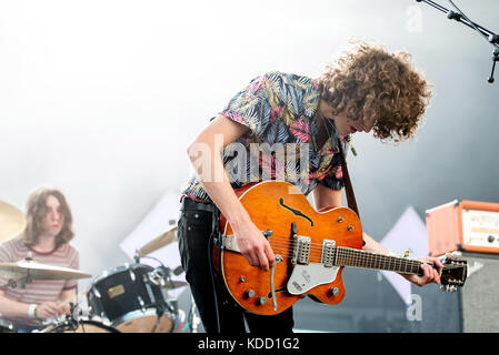 BENICASSIM, SPAIN - JUL 14: Temples (psychedelic pop music band) perform in concert at FIB Festival on July 14, 2017 in Benicassim, Spain. Stock Photo