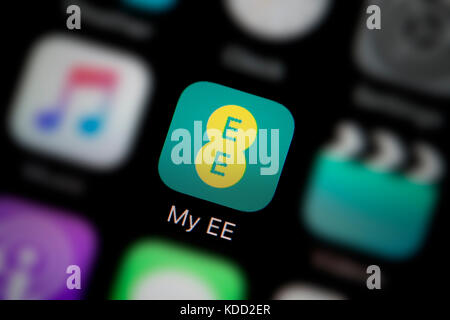 A close-up shot of the logo representing My EE app icon, as seen on the screen of a smart phone (Editorial use only) Stock Photo
