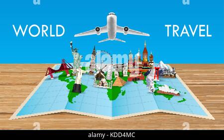 landmark on world map with flying airplane Stock Vector
