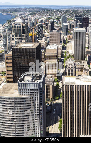 Aerial view of Seattle business and financial district with the famous Space Needle tower in the background in Washington state largest city in the No Stock Photo