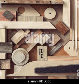 Scrap wood blocks in collage background. Stock Photo