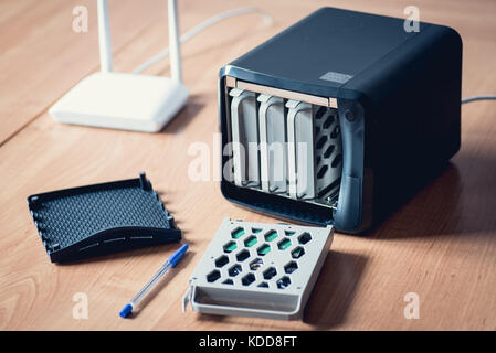 Small office or home NAS server. Own cloud or streaming source. Data security solution. Stock Photo