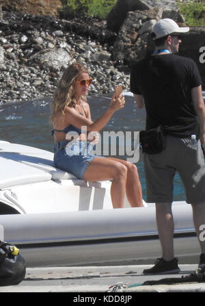Lily James on the set of film musical 'Mamma Mia! 2' on the island