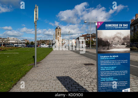 Operation Dynamo signs showing images from the war placed so as to be able to compare to the modern town. Dunkirk, France. Stock Photo