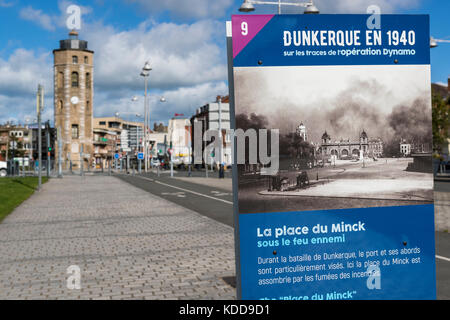 Operation Dynamo signs showing images from the war placed so as to be able to compare to the modern town. Dunkirk, France. Stock Photo