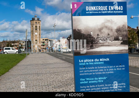 Operation Dynamo signs showing images from the war placed so as to be able to compare to the modern town. Dunkirk, France. Stock Photo