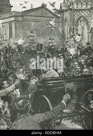 'Peace with Honour'  The reception of Benjamin Disraeli and Lord Salisbury at Charing Cross, London, England on return from the Congress of Berlin in 1878 Stock Photo