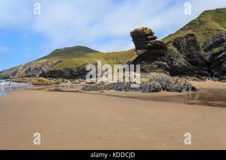Carreg Bica seen at low tide on Llangrannog beach with Pendinaslochdyn in the background Stock Photo