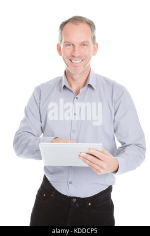 Happy Mature Businessman Using Digital Tablet On White Background Stock Photo