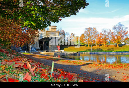 Peterborough Lift Lock National Historic Site of Canada with autumn foliage of red maple leaves and trees Stock Photo