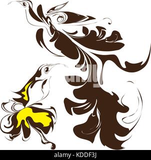 Fantasy couple birds silhouette on white Stock Vector