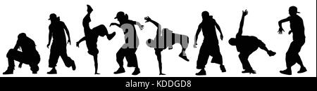 Dancing street dance silhouettes in urban style on white background, vector illustration Stock Vector