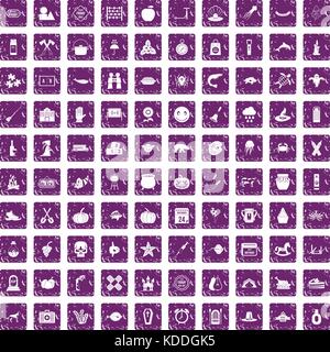 100 autumn holidays icons set grunge purple Stock Vector