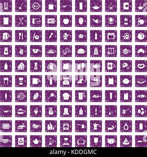 100 kitchen icons set grunge purple Stock Vector