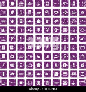100 kitchen utensils icons set grunge purple Stock Vector